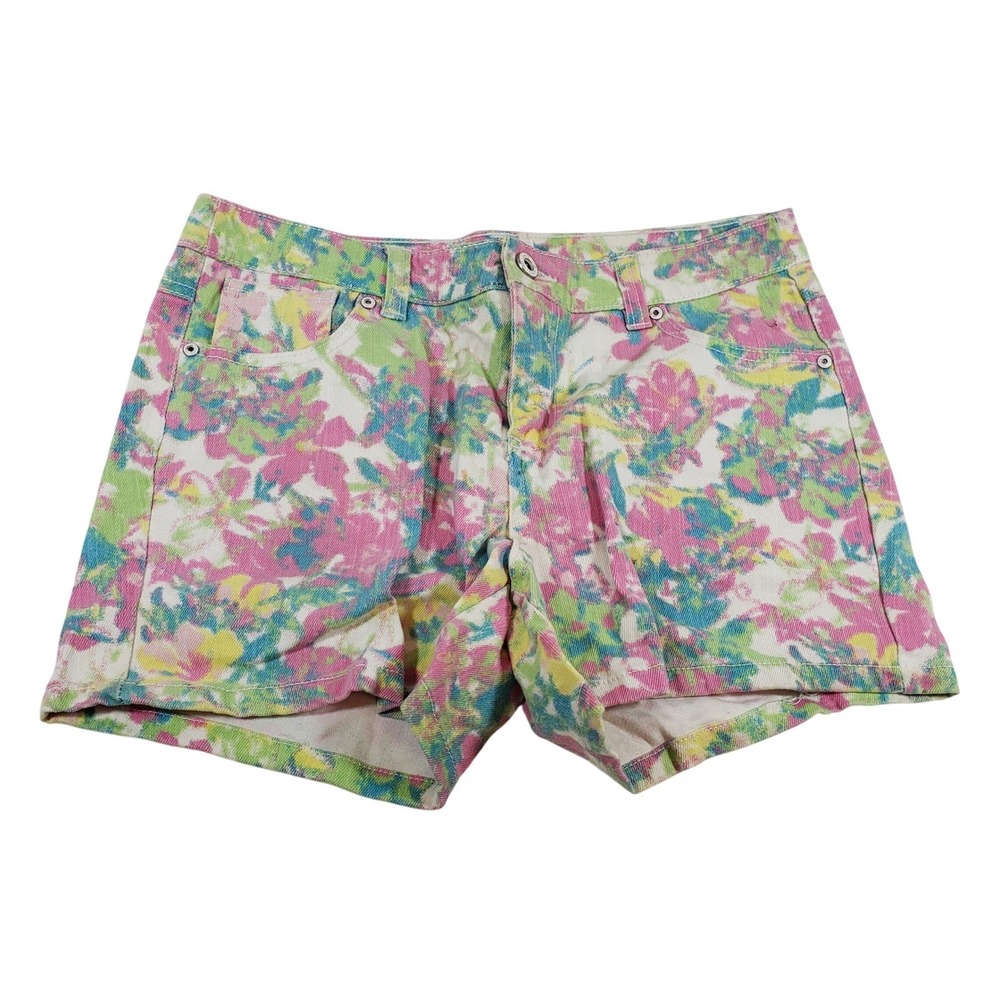 Cato Womens Floral Denim Shorts Size 6 Pink Green Multi